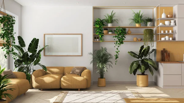 Indoor home garden concept. Kitchen and living room interior design in white and yellow tones. Parquet, sofa and many house plants. Urban jungle idea