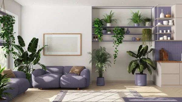 Binnenhuis Tuin Concept Keuken Woonkamer Interieur Witte Violette Tinten Parket — Stockfoto