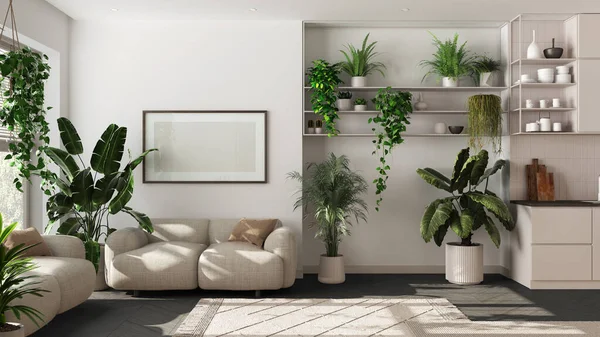 Binnenhuis Tuin Concept Keuken Woonkamer Interieur Witte Donkere Tinten Parket — Stockfoto