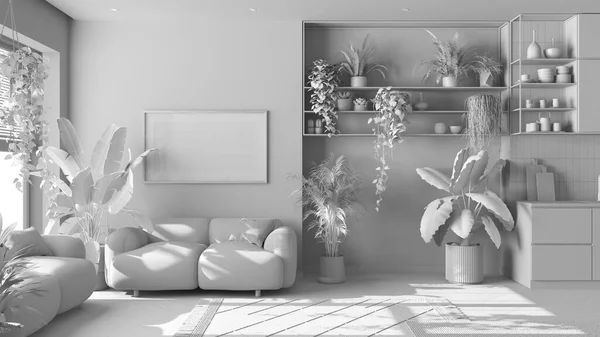 Totale Witte Project Ontwerp Indoor Home Garden Concept Keuken Woonkamer — Stockfoto