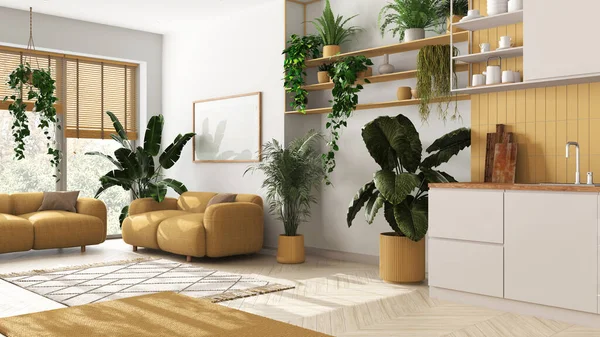 Amor Jardim Cozinha Sala Estar Design Interiores Tons Brancos Amarelos — Fotografia de Stock