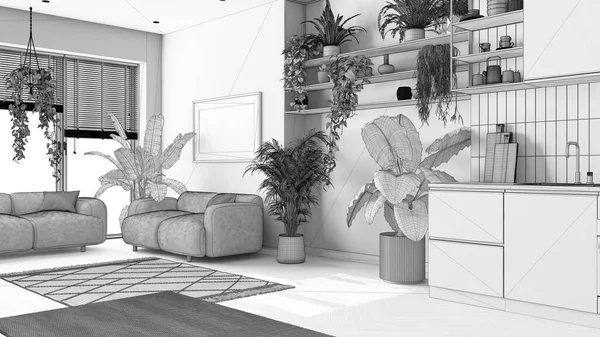 Blaupause Unvollendeter Projektentwurf Hausgartenliebe Innenarchitektur Von Küche Und Wohnzimmer Parkett — Stockfoto