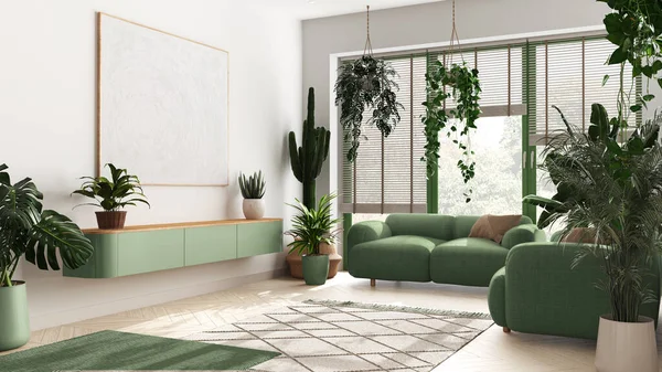植物の概念への愛 白と緑のトーンで最小限のモダンなリビングルームのインテリアデザイン 寄木細工 ソファと多くの家の植物 都市ジャングルのアイデア — ストック写真