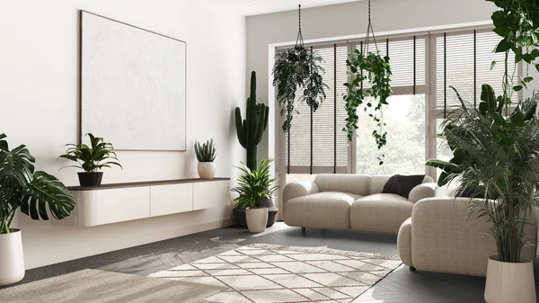 Love for plants concept. Minimal modern living room interior design in white and dark tones. Parquet, sofa and many house plants. Urban jungle idea
