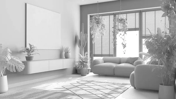 全白工程草案 热爱植物的概念 最小的现代客厅室内设计 沙发和许多室内植物 城市丛林观念 — 图库照片