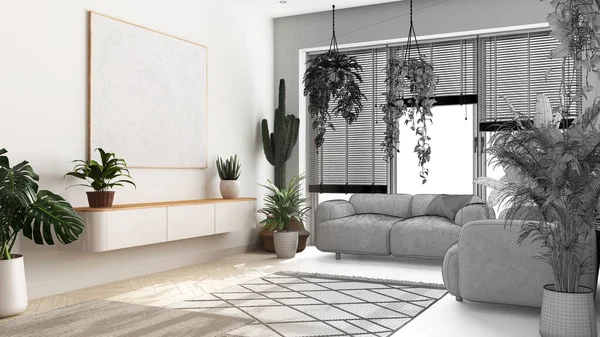Architect interior designer concept: hand-drawn draft unfinished project that becomes real, love for plants concept. Minimal modern living room interior design. Urban jungle idea