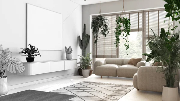 Architect interior designer concept: hand-drawn draft unfinished project that becomes real, love for plants concept. Minimal modern living room interior design. Urban jungle idea
