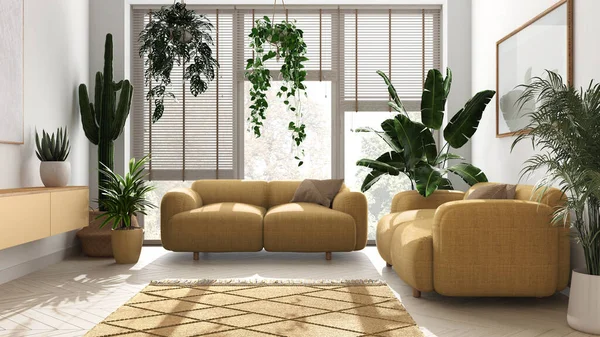 Gartenliebe Hause Minimalistisches Zeitgemäßes Wohnzimmerdesign Weiß Und Gelbtönen Parkett Sofa — Stockfoto