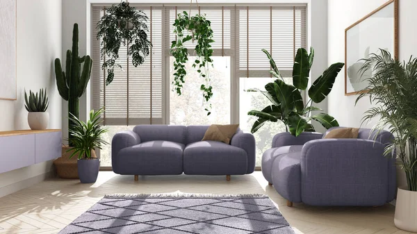 Gartenliebe Hause Minimalistisches Zeitgenössisches Wohnzimmerdesign Weißen Und Violetten Tönen Parkett — Stockfoto