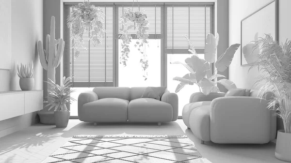 総白のプロジェクトの草案は ミニマリストの現代的なリビングルームのインテリアデザイン 寄木細工 ソファと多くの家の植物 都会のジャングル屋内のバイオフィリアのアイデア — ストック写真