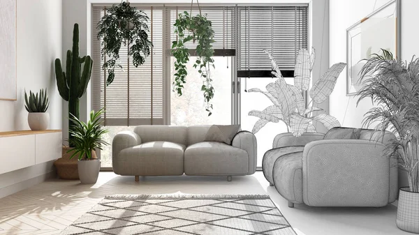 Architect interior designer concept: hand-drawn draft unfinished project that becomes real, minimalist contemporary living room interior design. Urban jungle, indoor biophilia idea