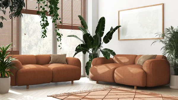 Plants lovers concept. Modern minimal living room in white and orange tones. Parquet, sofa and many house plants. Urban jungle interior design idea