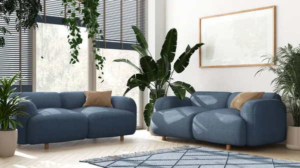 Plants lovers concept. Modern minimal living room in white and blue tones. Parquet, sofa and many house plants. Urban jungle interior design idea