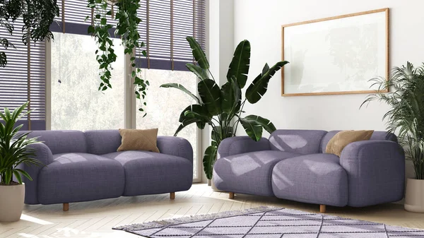 Plants lovers concept. Modern minimal living room in white and violet tones. Parquet, sofa and many house plants. Urban jungle interior design idea