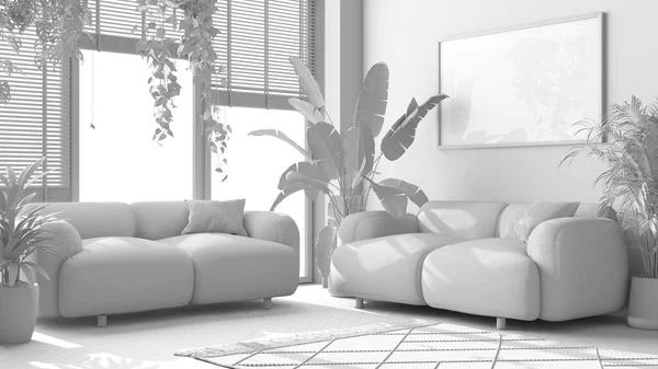 Insgesamt Weißer Projektentwurf Pflanzenliebhaber Konzept Modernes Minimalistisches Wohnzimmer Parkett Sofa — Stockfoto