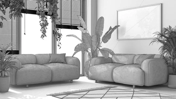 蓝图未完成的项目草稿 植物情人的概念 现代最小的客厅 沙发和许多室内植物 城市丛林室内设计理念 — 图库照片