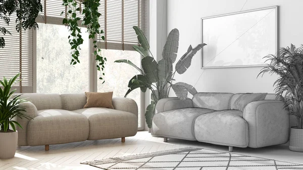 Architect interior designer concept: hand-drawn draft unfinished project that becomes real, plants lovers concept. Modern minimal living room. Urban jungle idea