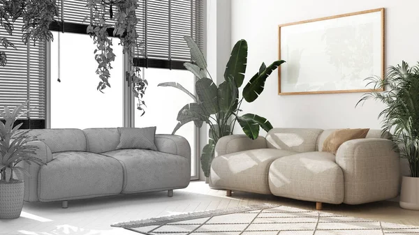Architect interior designer concept: hand-drawn draft unfinished project that becomes real, plants lovers concept. Modern minimal living room. Urban jungle idea
