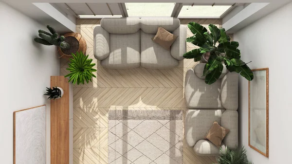 Gartenliebe Hause Minimalistisches Zeitgemäßes Wohnzimmerdesign Weißtönen Parkett Sofa Und Viele — Stockfoto