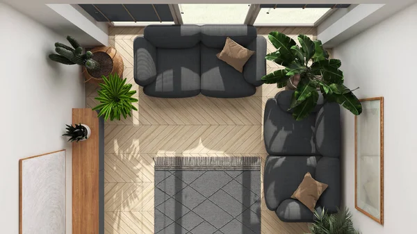Hausgarten Minimalistisches Zeitgemäßes Wohnzimmerdesign Weiß Und Grautönen Parkett Sofa Und — Stockfoto