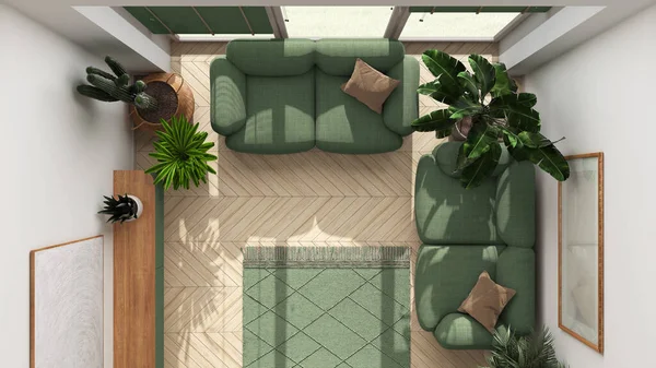 Hausgarten Minimalistisches Zeitgemäßes Wohnzimmerdesign Weiß Und Grüntönen Parkett Sofa Und — Stockfoto