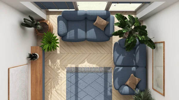 Hausgarten Minimalistisches Zeitgemäßes Wohnzimmerdesign Weiß Und Blautönen Parkett Sofa Und — Stockfoto