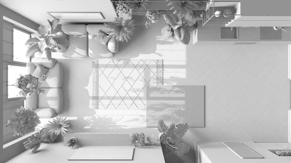 全白工程草案 热爱植物的概念 最小的现代客厅和厨房室内设计 索法和许多室内植物 城市丛林理念 顶视图 — 图库照片