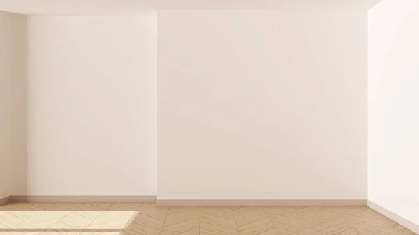 木制空房间室内设计 有鲱鱼花束地板的开放空间 白色墙壁 现代建筑理念 — 图库照片