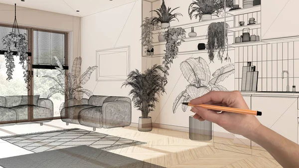 ヘリンボーンの寄木細工の床 手描きのカスタム建築デザイン 黒インクのスケッチ 最小限のリビングルームと観葉植物とキッチンを示す青写真と空の白いインテリア — ストック写真