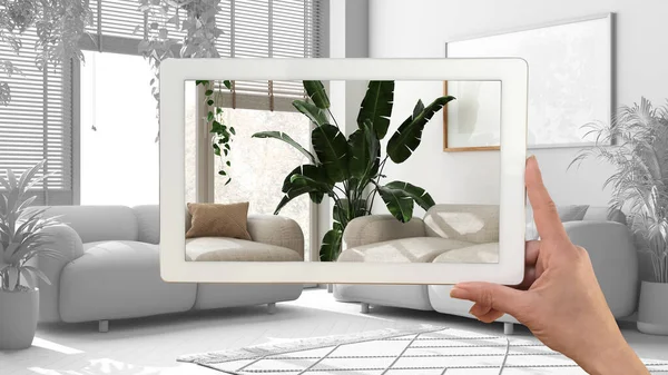 Augmented Reality Konzept Handhaltendes Tablet Mit Anwendung Zur Simulation Von — Stockfoto