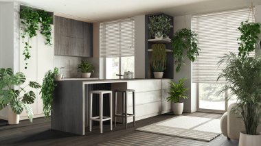 Kapalı alan bahçe fikri. Minimum koyu ahşap mutfak ve adanın iç tasarımı beyaz tonlarda. Parke, pencere ve bir sürü ev bitkisi. Şehir Ormanı