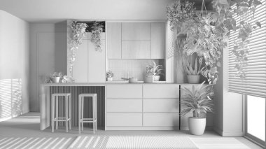 Tamamen beyaz proje taslağı, ev bahçesi aşkı. Adalı ahşap mutfak ve tabure iç tasarımı. Parke, halı ve bir sürü ev bitkisi. Şehir ormanı, kapalı yer biyofili fikri