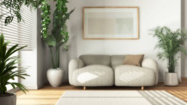 Bulanık arka plan, minimum ahşap oturma odası kumaş kanepe, halı ve çerçeve modeli. Biyofilik konsept, ev bitkileri. Modern iç tasarım