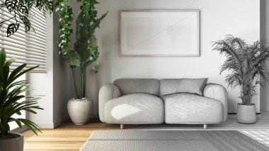 Mimari iç mimar konsepti: elle çizilmiş tamamlanmamış proje, kanepe ve çerçeve modeliyle asgari ahşap oturma odası haline geliyor. Biyofilik konsept, ev bitkileri