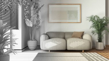 Mimari iç mimar konsepti: elle çizilmiş tamamlanmamış proje, kanepe ve çerçeve modeliyle asgari ahşap oturma odası haline geliyor. Biyofilik konsept, ev bitkileri