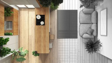 Mimar iç mimar konsepti: elle çizilmiş tamamlanmamış proje gerçek, kapalı ev bahçesi konseptine dönüşüyor. Mutfak ve oturma odası. Şehir ormanı, yukarısı, plan, yukarısı