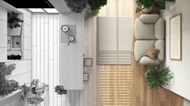 Mimar iç mimar konsepti: elle çizilmiş tamamlanmamış proje gerçek, kapalı ev bahçesi konseptine dönüşüyor. Mutfak ve oturma odası. Şehir ormanı, yukarısı, plan, yukarısı