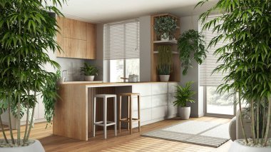 Saksı bambu bitkisi, doğal iç tasarım konsepti, adalı oturma odası ve mutfak, dolaplar ve aletler, kentsel orman, iç tasarım fikri