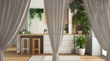 Beyaz perdeler, ada, iç tasarım arka planı, kırpma yolu, dikey kıvrımlar, yumuşak tül tekstil dokusu, kopyalama alanı olan sahne konsepti ile minimal mutfak örtüşür