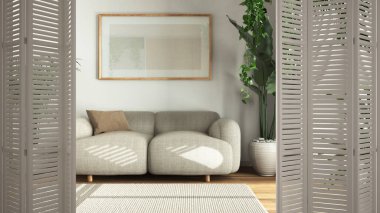 Beyaz katlanır kapı, minimum beyaz oturma odasında kumaş kanepe ve çerçeve modeliyle açılıyor. Bir sürü saksı bitkisi, mimar tasarımcısı konsepti, kentsel orman iç tasarımı.