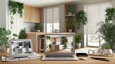 Mimari tasarımcı masaüstü konsepti, dizüstü bilgisayar ve tablet ahşap masa üzerinde iç tasarım projesi ve CAD çizimi, bulanık arkaplan, minimal modern mutfak