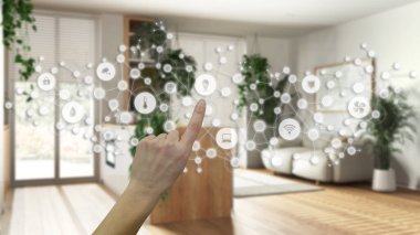 Işıldayan akıllı ev arayüzü, geometrik arkaplan, bir şeylerin internetini gösteren çizgi ve noktalar, mutfak ve yaşam üzerine el işaretleri, ev otomasyonu konsepti