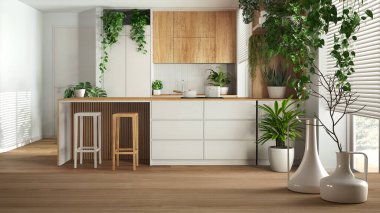Minimalist modern vazolarla kaplı ahşap masa veya raf. Minimum ahşap mutfak, ada ve ev bitkileri, biyofilik iç tasarım.