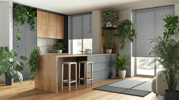 Indoor home garden concept idea. Minimal wooden kitchen with island interior design in white and gray tones. Parquet, windows and many house plants. Urban jungle