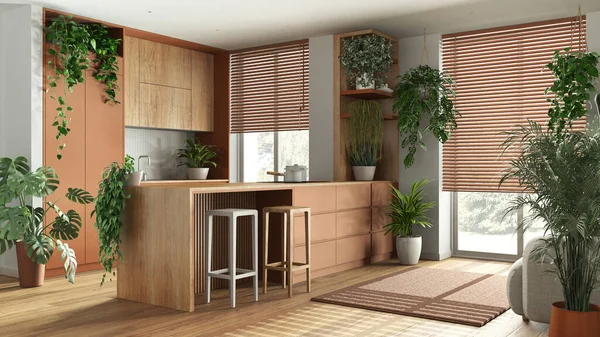 Indoor home garden concept idea. Minimal wooden kitchen with island interior design in white and orange tones. Parquet, windows and many house plants. Urban jungle