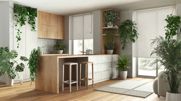 室内花园理念 最小的木制厨房 岛屿内部设计为白色色调 窗户和许多室内植物 城市丛林 — 图库照片