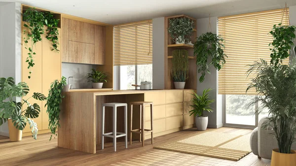 Binnenhuis Tuin Concept Idee Minimale Houten Keuken Met Eiland Interieur — Stockfoto