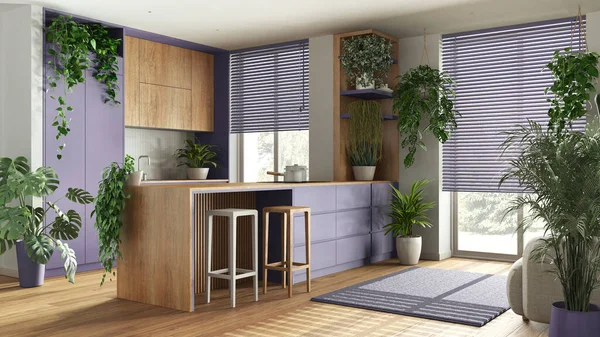 Indoor home garden concept idea. Minimal wooden kitchen with island interior design in white and purple tones. Parquet, windows and many house plants. Urban jungle