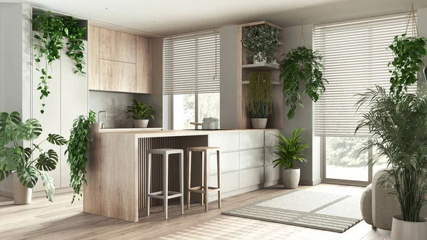 Indoor home garden concept idea. Minimal bleached wooden kitchen with island interior design in white tones. Parquet, windows and many house plants. Urban jungle
