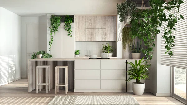 Home garden love. Bleached wooden kitchen with island and stools interior design in white tones. Parquet, carpet and many house plants. Urban jungle, indoor biophilia idea